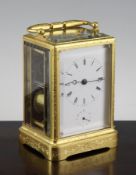 A late 19th century Japy Freres hour repeating carriage alarum clock, with foliate engraved cased