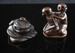 Two Japanese wood netsuke, 19th / 20th century, the first carved as two skeletons crouching and