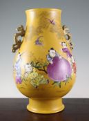 A large Chinese yellow ground famille rose pear shaped vase, Hu, Qianlong seal mark but later,