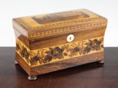 A 19th century Victorian rosewood Tunbridge Ware two division tea caddy, the lid decorated with view