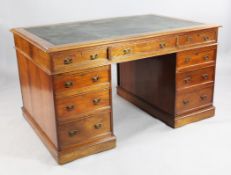 A late Victorian walnut partner`s pedestal desk, the top with three frieze drawers opposing three