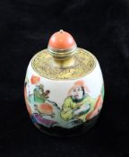 A Chinese famille rose porcelain snuff bottle, Qianlong mark but later, of barrel form, decorated