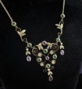A late Victorian gold, peridot, pink tourmaline and split pearl set drop pendant necklace, of