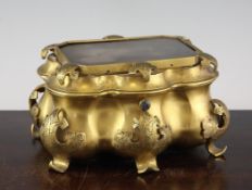 A 19th century Palais Royale ormolu casket, with agate inset lid, 8in.