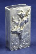 A good George IV silver snuff box by John Linnit, the cast lid depicting a tinker peddling his wares
