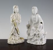 A Chinese white glazed porcelain figure of Guanyin, and a Dehua blanc de chine figure of Guanyin,