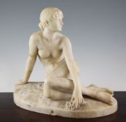 An early 20th century continental carved alabaster figure of a seated maiden, on oval base, signed