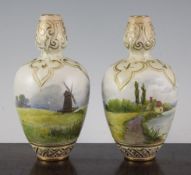 A pair of Doulton Lambeth carrara vases, late 19th century, painted with cottages in rural scenes,