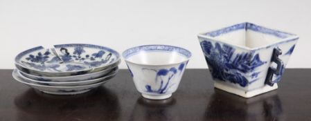 A group of Chinese blue and white teawares, Kangxi period, comprising a teabowl painted with a