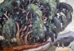 Manner of Noel Cowardoil on canvasboard,Figures on a tree lined path,11.5 x 15in.