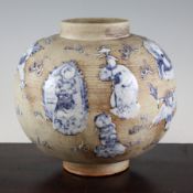 A Chinese biscuit porcelain and part glazed globular jar, 19th / 20th century, decorated in