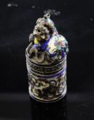 A Chinese silver and enamel cylindrical seal box and cover, decorated with Buddhist emblems in
