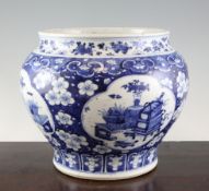 A Chinese blue and white squat baluster jar, Kangxi four character mark, late 19th century,