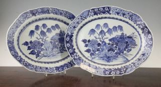 A pair of Chinese export blue and white oval dishes, Qianlong period, each painted with scholar`s