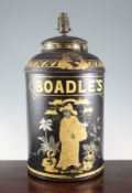 A 19th century chinoiserie Toleware `Boadles` tea canister, now converted to a lamp, 18.5in.