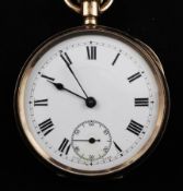 A George V Swiss 9ct gold keyless lever pocket watch, with Roman dial and subsidiary seconds, with