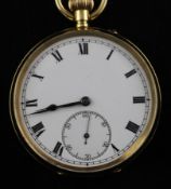 An early 20th century 18ct gold keyless lever pocket watch, with Roman dial and subsidiary seconds.