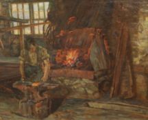 Charles Baxter Nurseoil on canvas,Blacksmith working in a forge,20 x 24in.