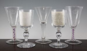 Five Whitefriars commemorative glass goblets, 1937, 1953 and 1972, the George VI and Queen Elizabeth