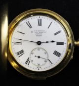 A Victorian 18ct gold half hunter keyless lever quarter repeating pocket watch by J.W. Benson, Old