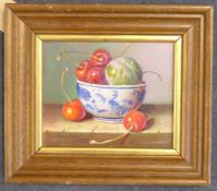 Raymond Campbell (20th C.)oil on board,China bowl, greengage and cherries,signed,5.5 x 6.5in.