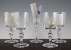 Five Whitefriars Commemorative glass goblets, engraved by Geoffrey Baxter, to commemorating the