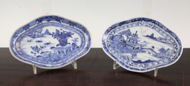 Two Chinese export blue and white lozenge dishes, Qianlong period, each painted with figures and