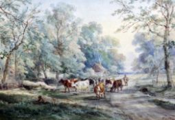Henry Earp Snr (1831-1914)watercolour,Cattle and drover on a lane near Ockley, Surrey,signed and