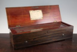 A 19th century Swiss Nicole Freres cylinder music box, with marquetry inlaid rosewood case, the