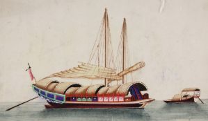 Eight Chinese pith paintings of junk boats, 19th century, six mounted and two framed and glazed,