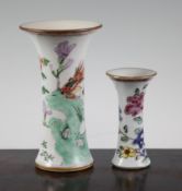 Two Chinese famille rose small waisted cylindrical vases, 18th century, the larger painted with a