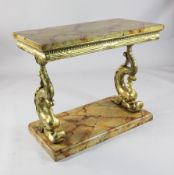 An early 18th century style painted and giltwood console table, with simulated marble top and