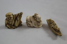 Three Japanese carved ivory netsukes, early 20th century, the first a crouching Shinto priest with