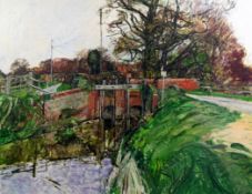 § Olwyn Bowey RA (1936-)oil on canvas,Loch gates,signed,36 x 48in.