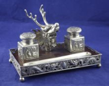 A late 19th/early 20th century Chinese silver mounted hardwood inkstand, of rectangular form, with