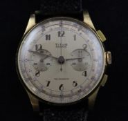 A 1940`s/1950`s Swiss 18ct gold Titus automatic chronograph wrist watch, with Arabic numerals and