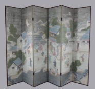 Two Chinese painted six fold screens, 20th century, each painted with figures amid pavilions in a