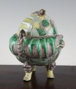 A Chinese famille verte glazed biscuit porcelain censer, Kangxi mark but early 20th century, the