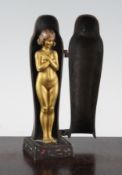 An early 20th century Franz Bergman metamorphic Egyptian cold painted bronze sarcophagus, opening to