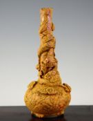A rare Chinese realgar (Xiong Huang) and bronze bottle vase, 18th / 19th century, the neck carved in