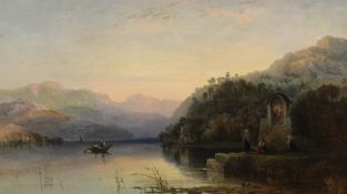 George Edward Herring (1805-1879)oil on canvas,Italian lake scene at evening with figures beside the