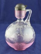 A Victorian silver mounted Stourbridge glass claret jug, of bulbous form with pink ribbed piping and