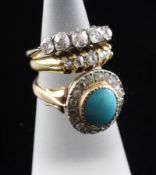 A gold, turquoise and old mine cut diamond set oval cluster ring and two gold and five stone diamond