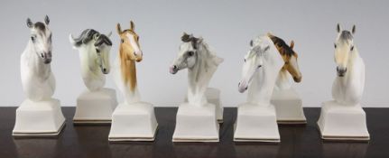 Eight Royal Worcester porcelain studies of horses heads, each raised on a square plinth, printed