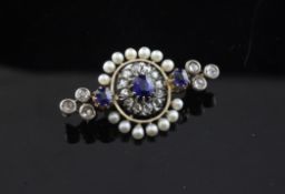 An early 20th century French 18ct gold, sapphire, diamond and seed pearl set cluster brooch, 1.5in.