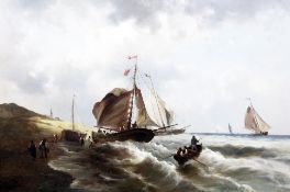 Dutch Schooloil on canvas,Fishing boats along the shore,signed Vimienot,27 x 41.5in.