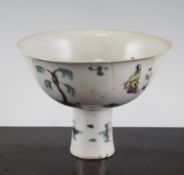 A Chinese porcelain stem cup, Ming dynasty, painted in Swatow style with figures and flowers, 5.9in.