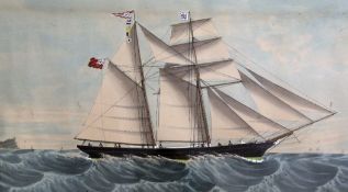 Anthony Lusso of Genoagouache,Portrait of the clipper The Jane Slade,signed and dated 1887,18 x 28.