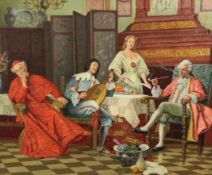 Miriéoil on canvas,Interior with a cardinal and nobles around a table,signed,20 x 24in.