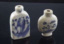 Two Chinese blue and white snuff bottles, 18th / 19th century, the first painted with a figure,